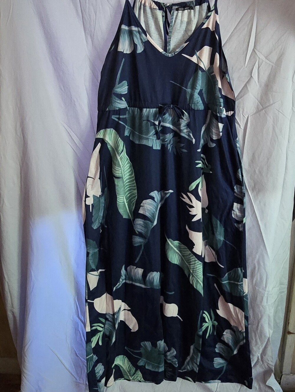 Navy Tropical Leaf V-Neck Maxi Dress with Tie Waist